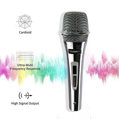 Dynamic karaoke microphone with cardioid pickup, ultra-wide frequency response, and high signal output.