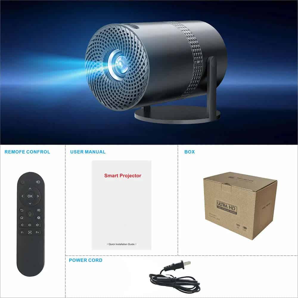 Mini Portable Projector with remote control, user manual, box, and power cord, ideal for home theater experience.