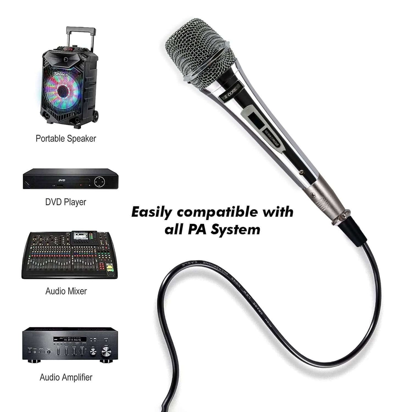 Dynamic karaoke microphone shown with portable speaker, DVD player, audio mixer, and amplifier, compatible with all PA systems.