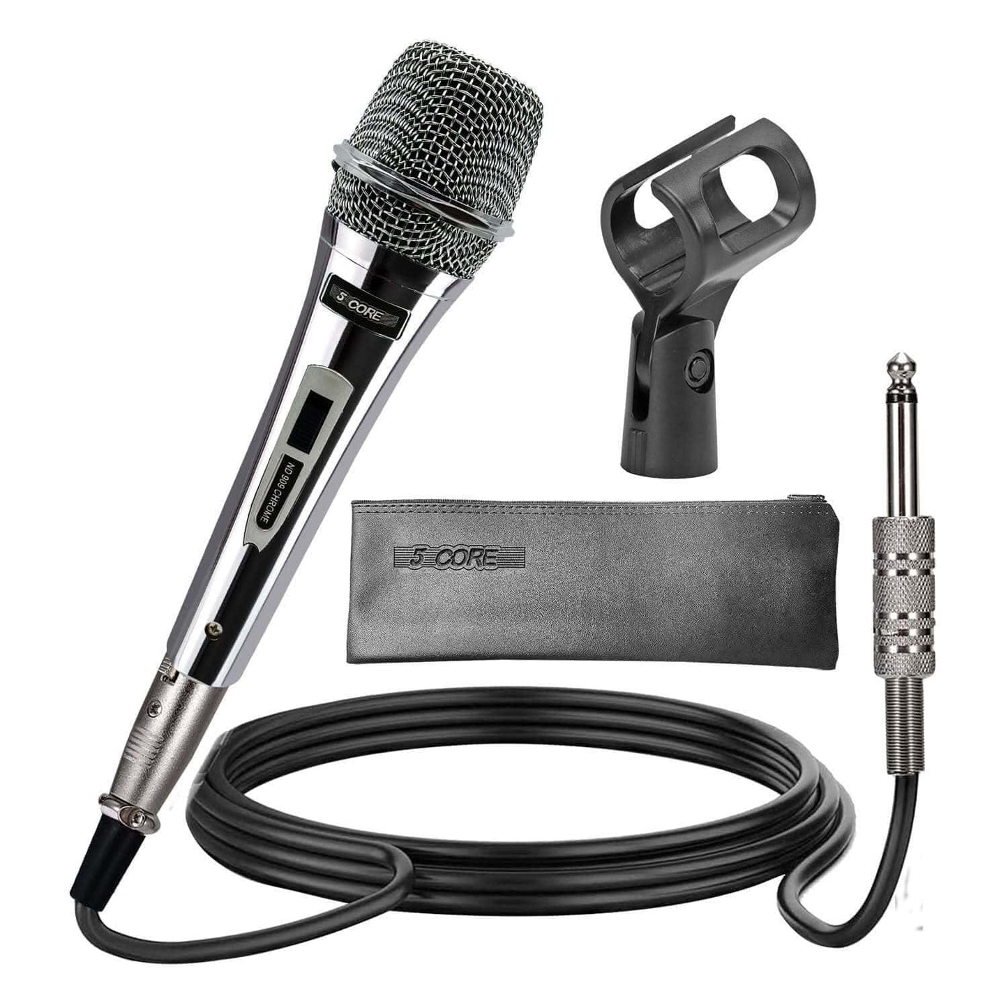 Dynamic karaoke microphone with cable, clip, and carrying case for superior sound quality and durability.