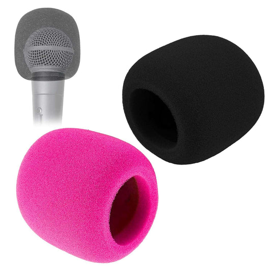 Colorful soft foam microphone windscreens in pink and black, designed for noise reduction and clear audio quality.