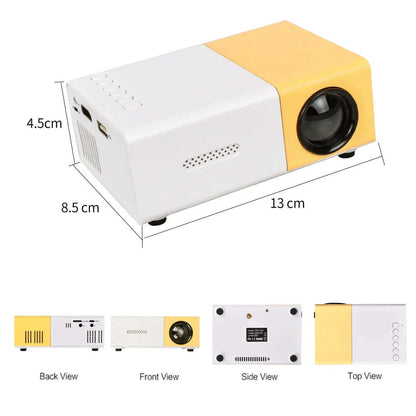 Compact Pro Mini Projector with Full HD and 4K support, showing various angles and dimensions.