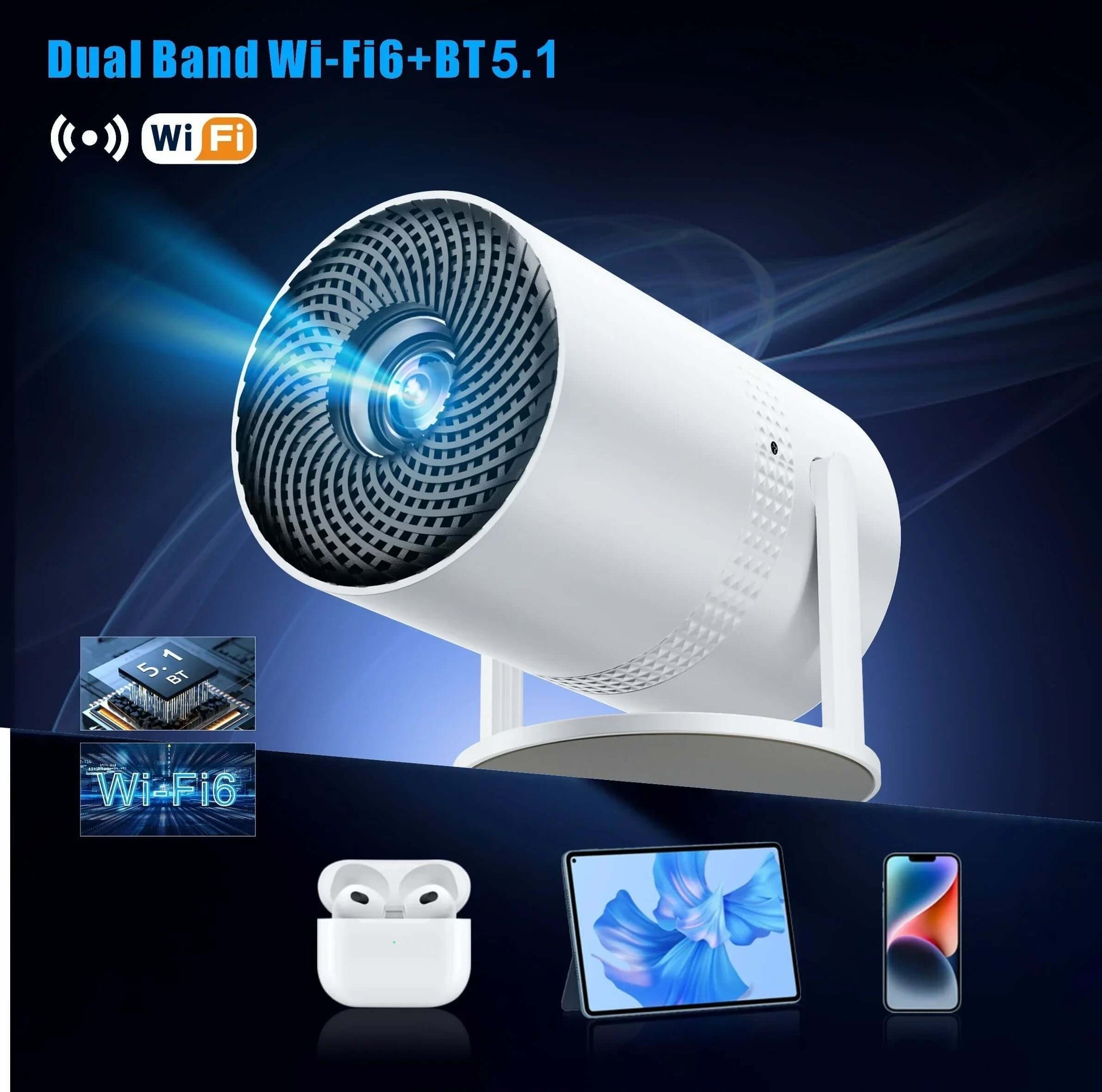 Mini portable projector featuring dual band Wi-Fi 6 and Bluetooth 5.1 for seamless media streaming.