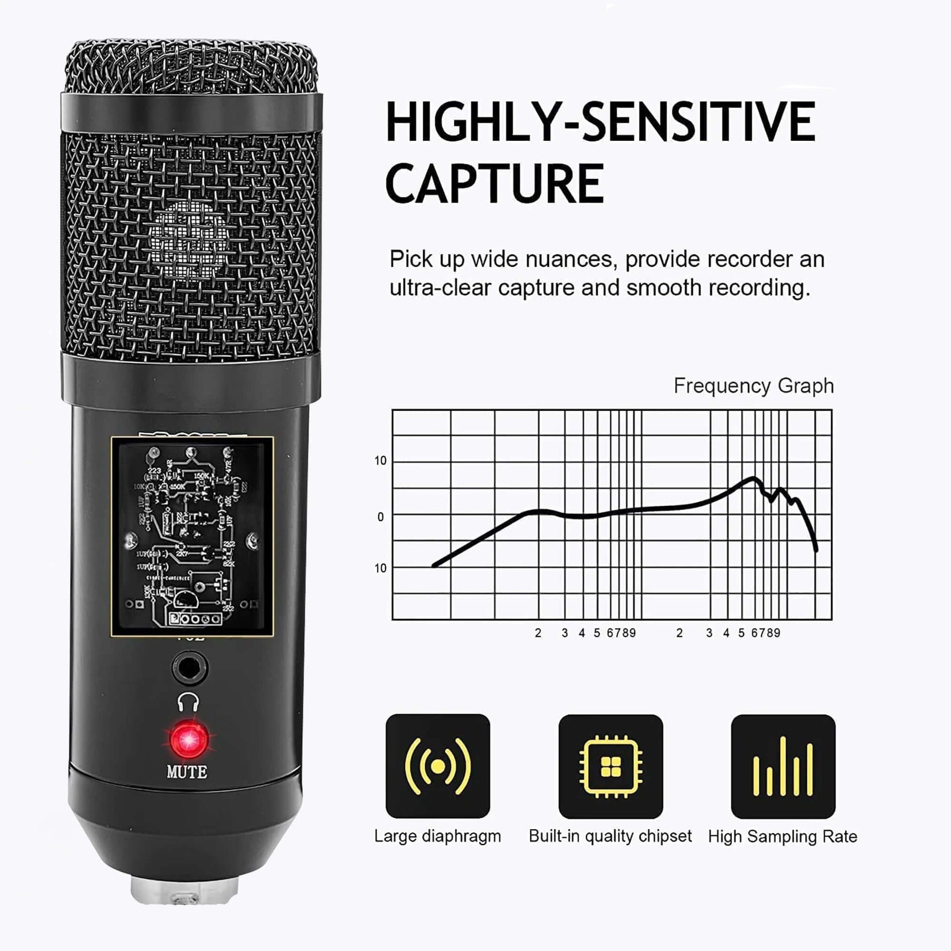 Desk microphone with high sensitivity, frequency graph, and mute feature for clear podcasting and streaming.