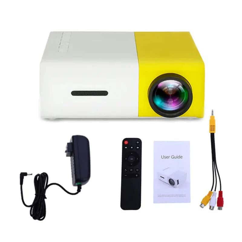 Pro Mini Projector with remote, user guide, and cables for versatile viewing and connectivity.