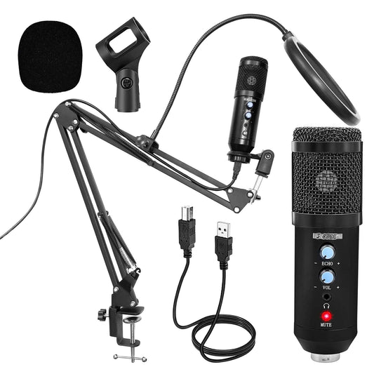 Desk microphone bundle with USB connectivity for podcasting and streaming, includes pop filter and shock mount.