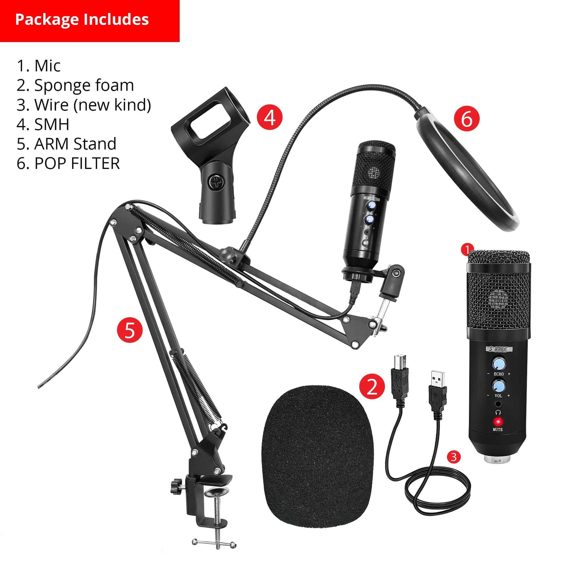 Complete podcast microphone bundle with mic, arm stand, pop filter, sponge foam, and accessories for clear audio.